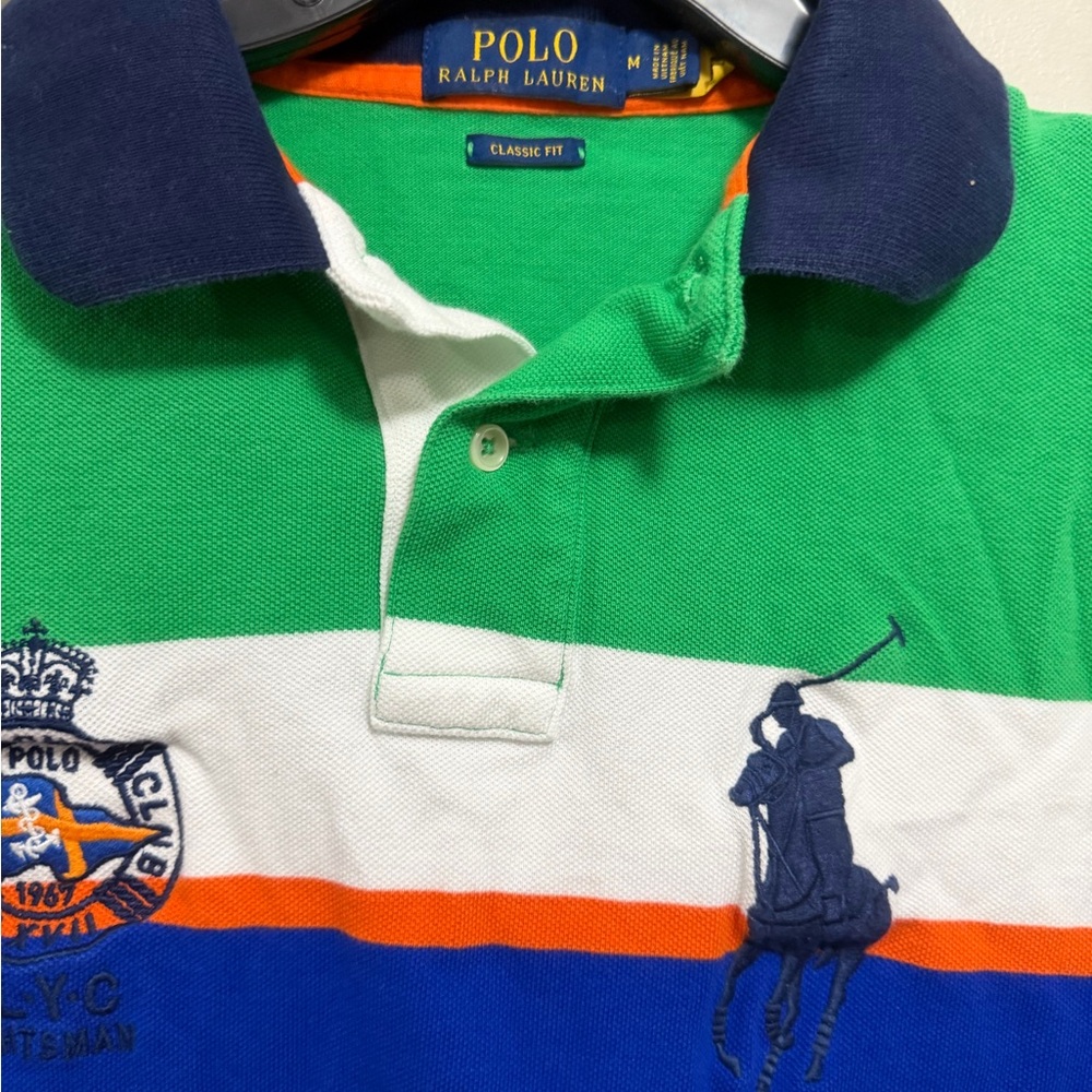 Polo by Ralph Lauren Green, Blue & White Striped Polo with Orange Accents